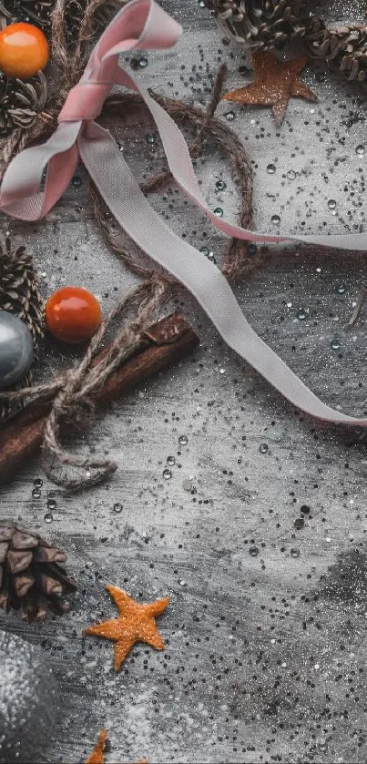 Festive flat lay with ribbons and pinecones in a cozy seasonal theme.