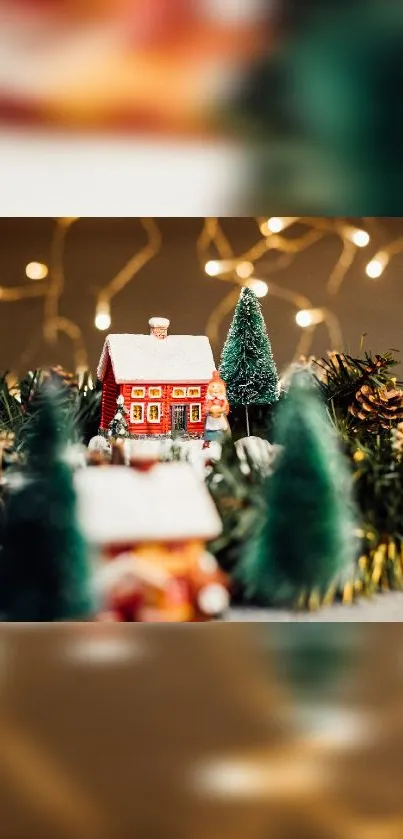 Cozy holiday village with snow-covered house and festive lights.