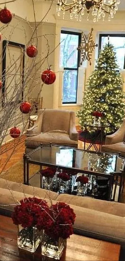 Festive living room with Christmas tree and red ornaments.