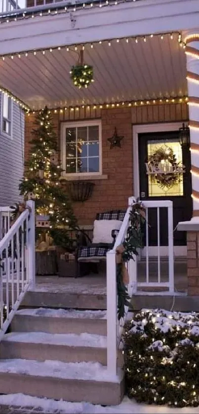 Cozy festive porch with Christmas lights and snow-covered steps.