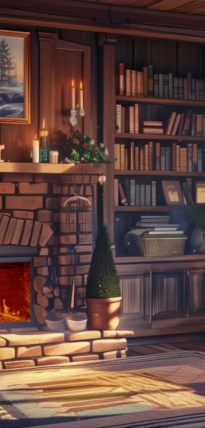 Cozy room with fireplace and bookshelves