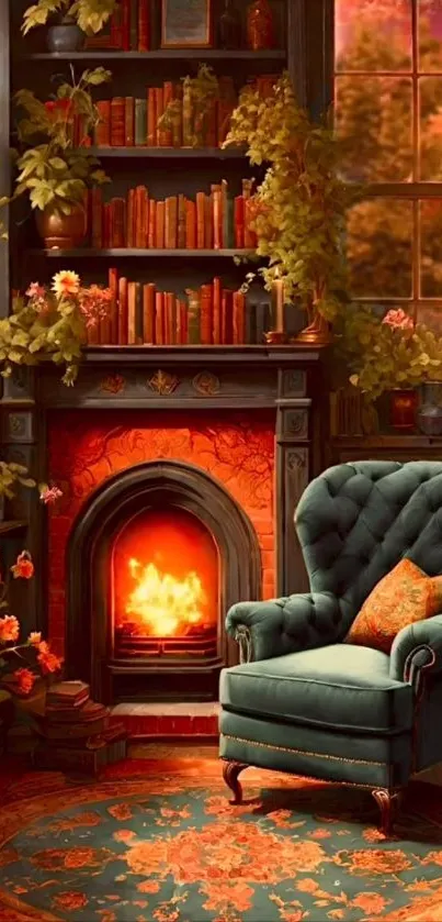 Cozy living room with a fireplace and bookshelves enhancing warmth.