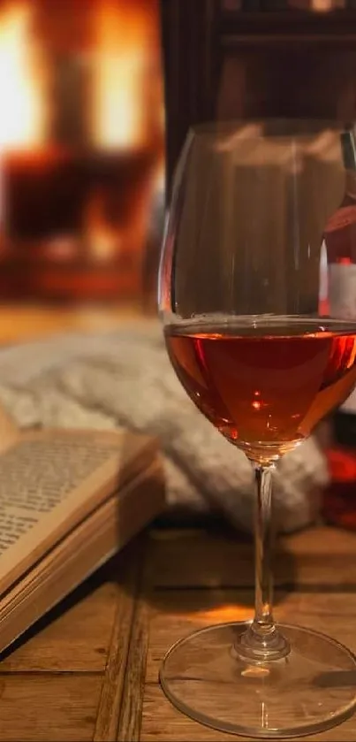 A cozy fireplace with a glass of wine and an open book on a wooden table.