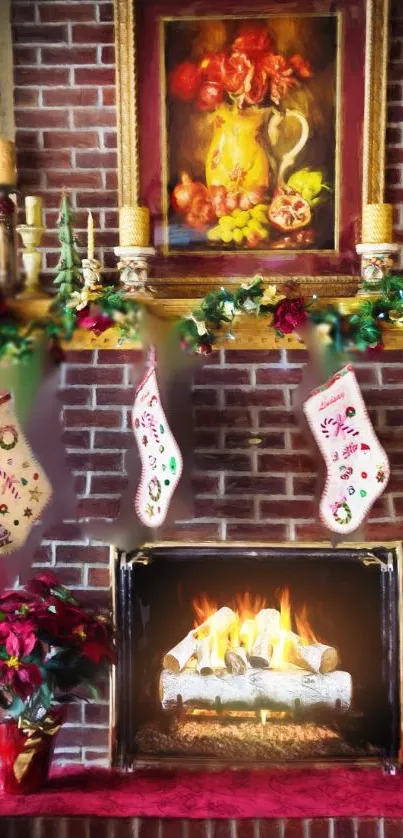 Cozy Christmas fireplace with stockings and holiday decor.