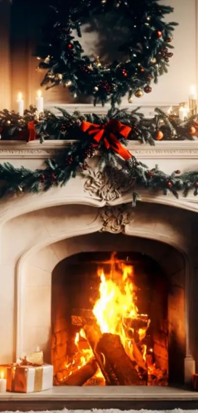 Festive Christmas fireplace with wreath and candles.