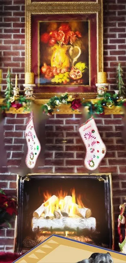 Cozy brick fireplace with festive Christmas stockings and glowing fire.