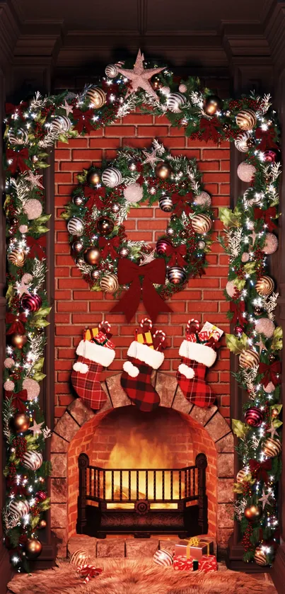 Cozy Christmas fireplace wallpaper with stockings and wreath.