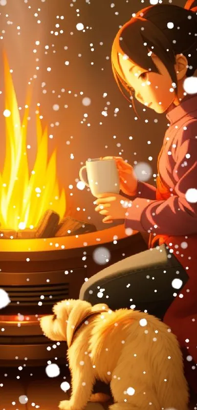 Girl and dog by a warm fireplace, cozy scene