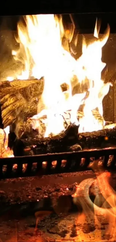 Cozy fireplace flames wallpaper with burning logs.