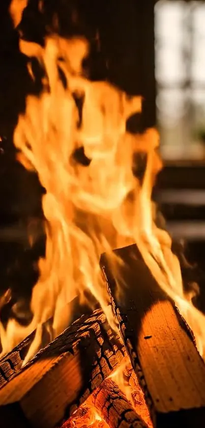 Cozy fireplace flames with burning wood.