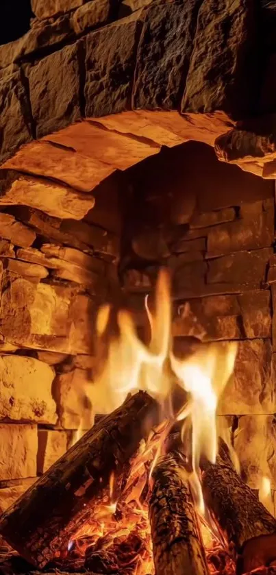 Cozy fireplace with glowing logs and rustic stone background.