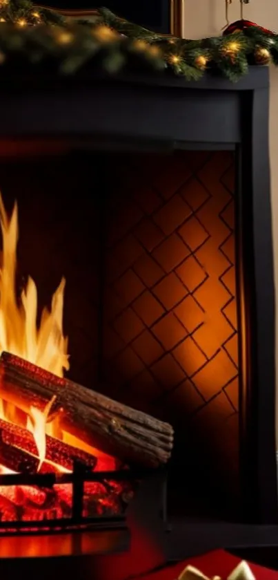 Cozy holiday fireplace with garland and warm fire.