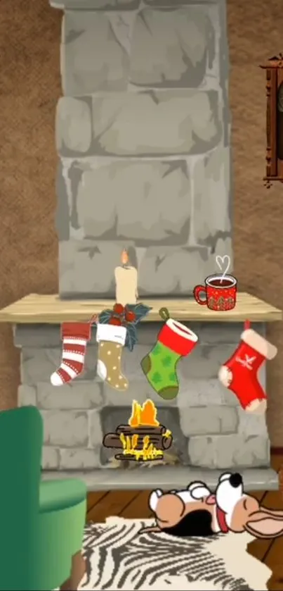 Cozy fireplace with stockings and a dog sleeping on a rug.