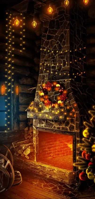 Cozy holiday wallpaper with a glowing fireplace and festive decorations.