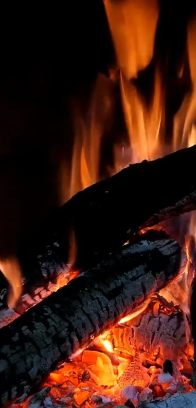 Vibrant burning fireplace with glowing orange flames.