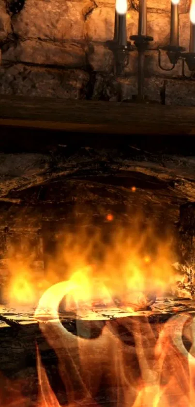 Warm fireplace with flames and rustic stone background.