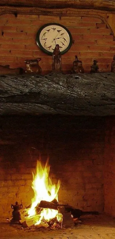 Cozy brick fireplace with a warm fire glowing.