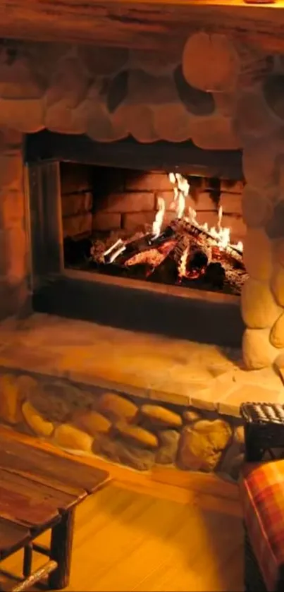 Cozy stone fireplace with a glowing fire.