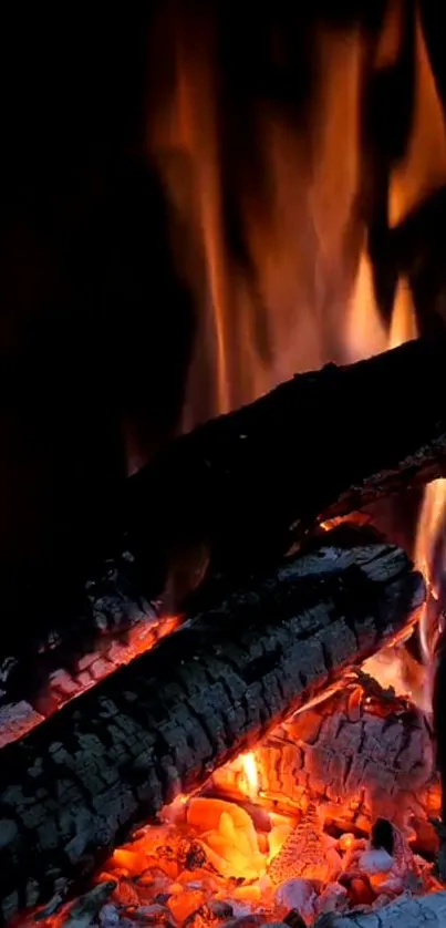 Cozy fireplace wallpaper with glowing embers.