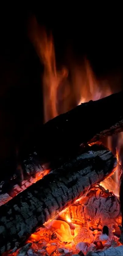 Crackling fireplace with glowing orange embers.