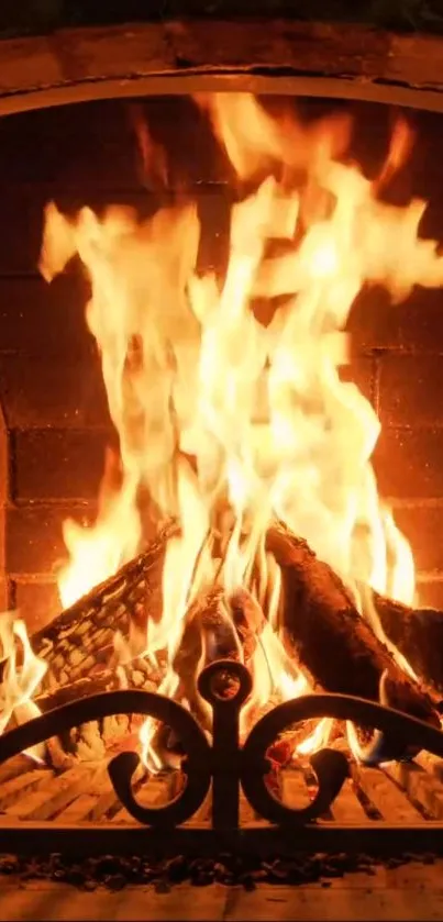 Mobile wallpaper of a cozy fireplace with vibrant, glowing flames and logs.