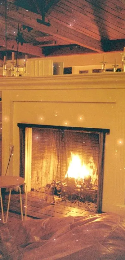 Cozy living room with warm fireplace and rustic decor.