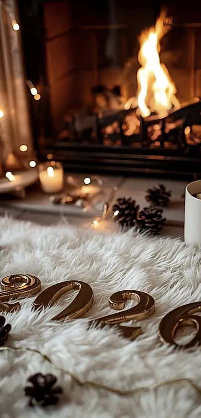 Cozy winter scene with fireplace and 2026 decor.
