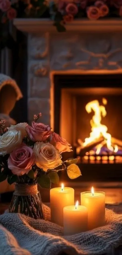 Cozy fireplace with glowing candles and a bouquet of roses.