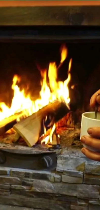 Hands holding a cup by a cozy fireplace with bright flames.