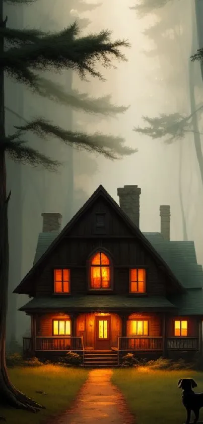 A warmly lit cabin surrounded by towering trees at dusk in a tranquil forest setting.