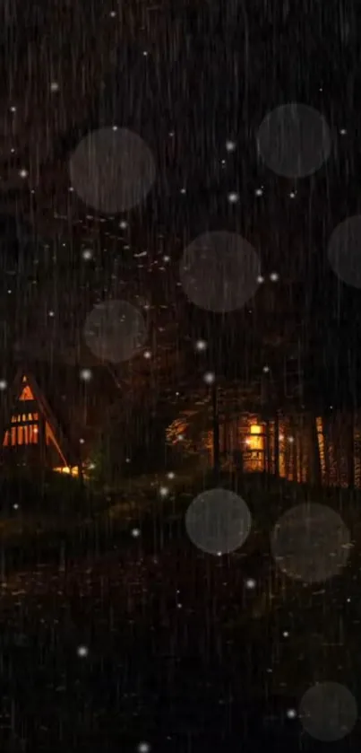 A cozy cabin in the dark forest with rain and glowing lights.