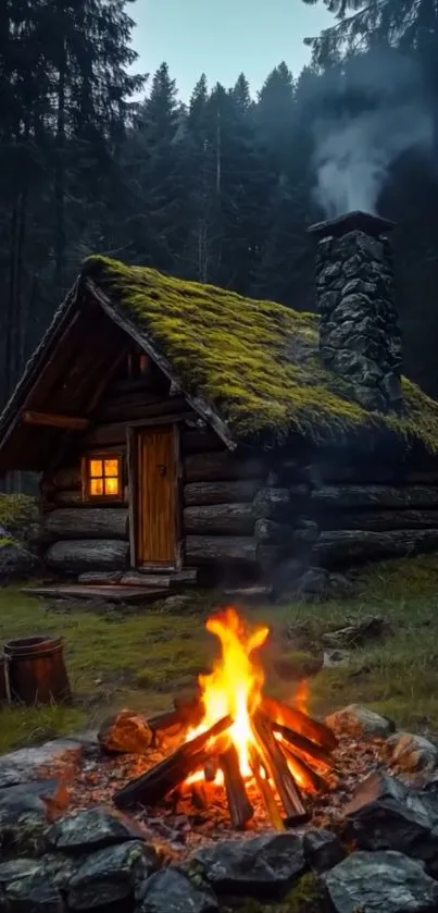 Cabin in the forest with campfire.