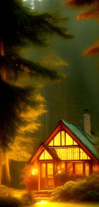 A cozy cabin illuminated in a misty forest setting.