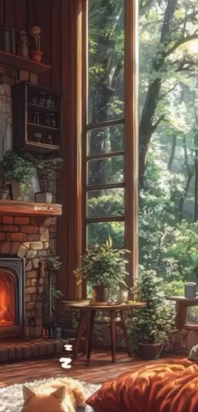 Cozy forest cabin with fireplace and sunlight filtering through trees.