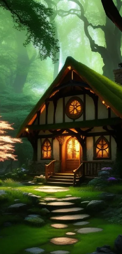 Charming forest cottage in lush green landscape, perfect for serene mobile wallpaper.