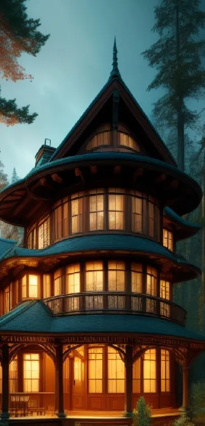 Serene forest house at dusk, warmly lit windows.