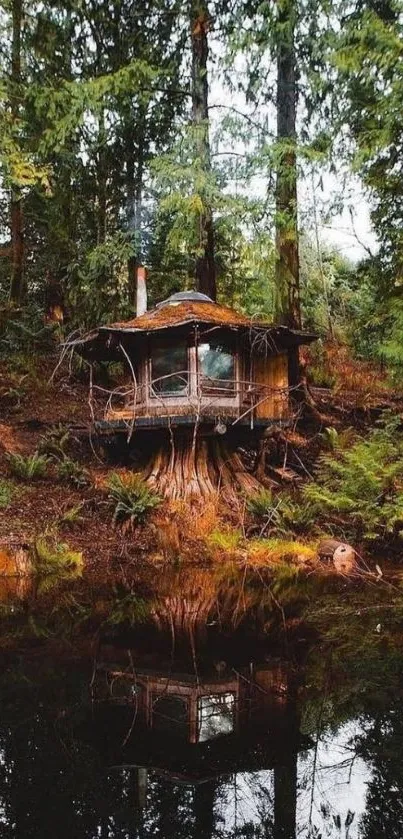 Cozy cabin by a forest lake, surrounded by lush greenery.