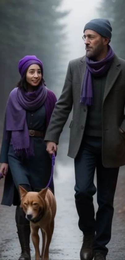 Couple walking dog in a foggy forest wearing purple accessories.