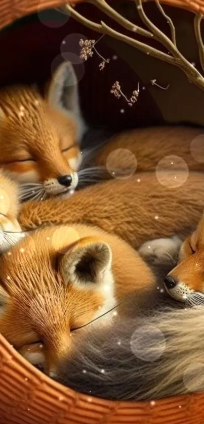 A cozy family of foxes sleeping peacefully in a nest.