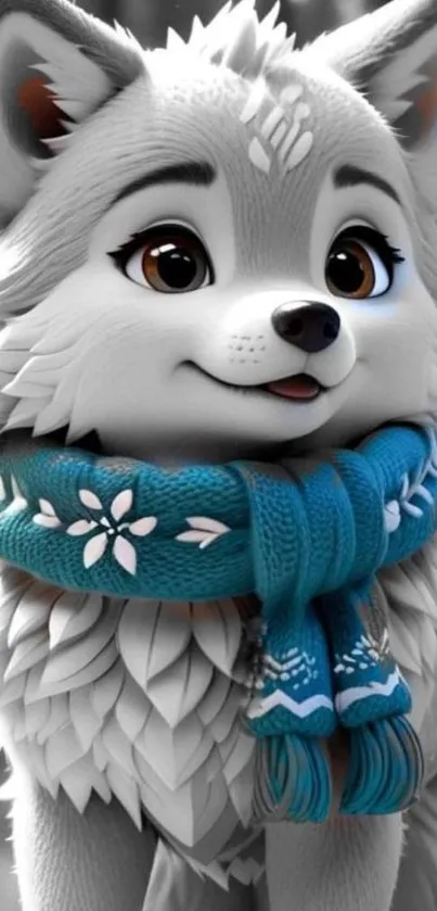 Adorable fox with blue scarf in a winter scene, perfect for mobile wallpaper.