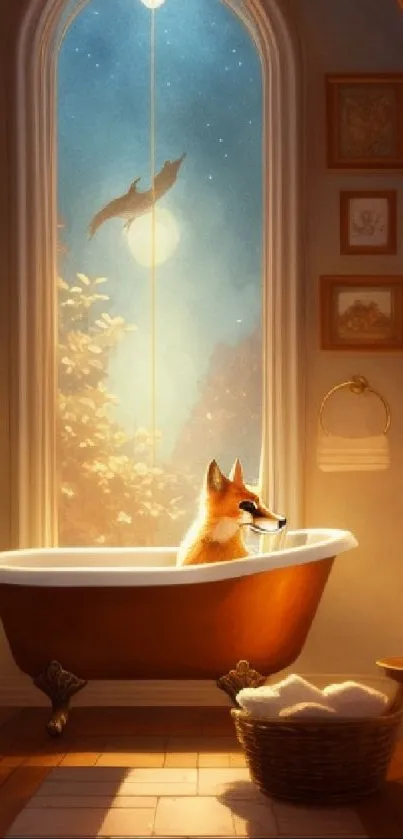 A fox relaxes in a luxurious bathtub under a glowing night sky.