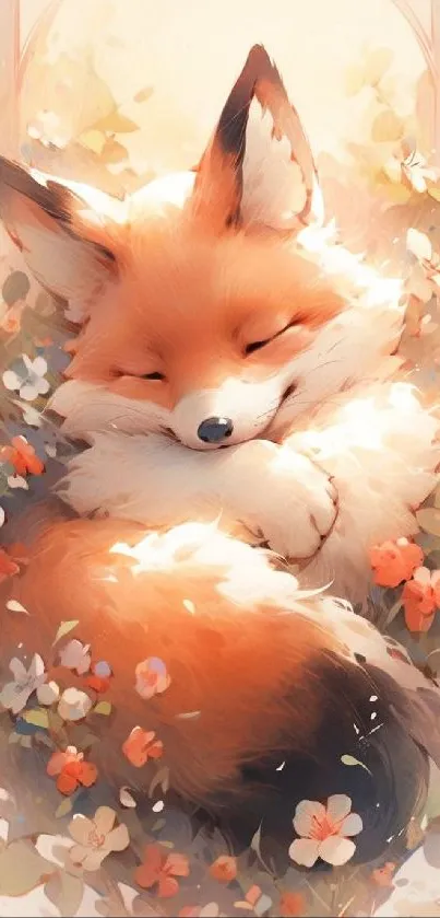 Sleeping fox surrounded by flowers, serene mobile wallpaper.