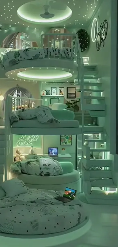 Futuristic cozy bedroom with spiral staircase and city view.