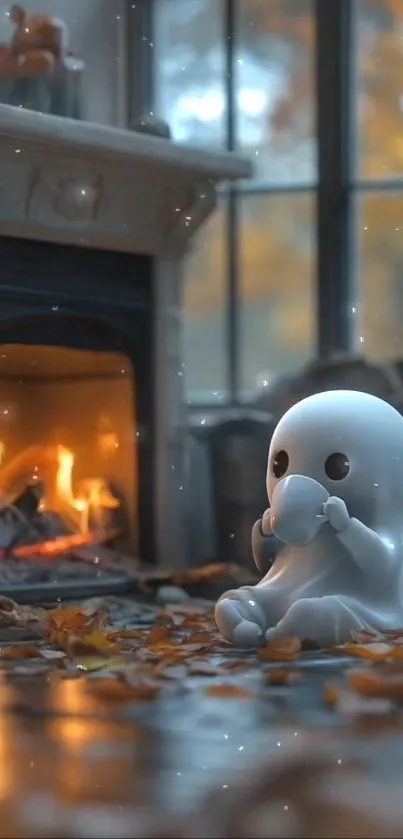 Cozy ghost enjoying a drink by a glowing fireplace with autumn leaves.