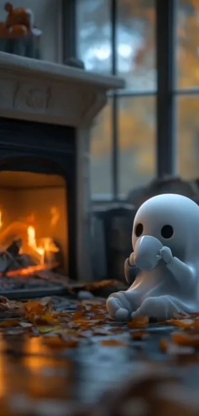 Cute ghost with a drink sits by a cozy autumn fireplace.