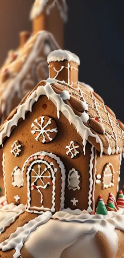 Charming gingerbread house with candy accents in a festive, snowy setting.