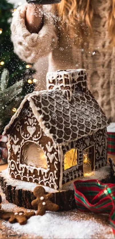 Cozy gingerbread house with holiday decor and festive lights.