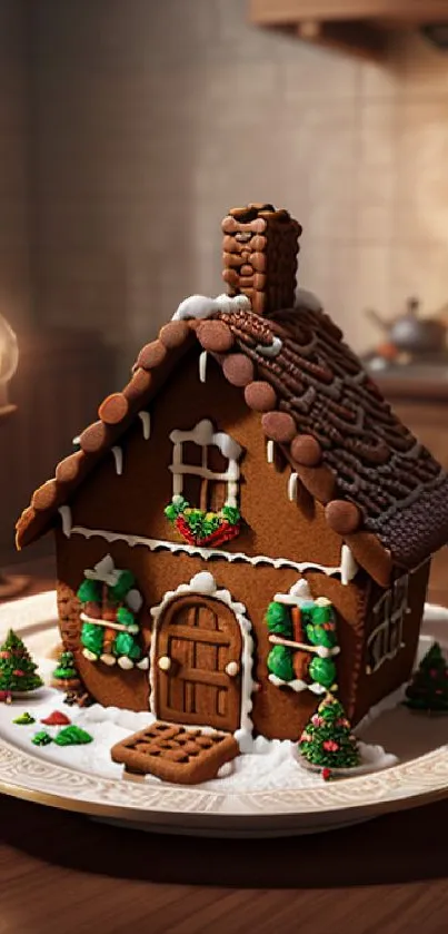 Gingerbread house on a plate in a cozy, warm kitchen.