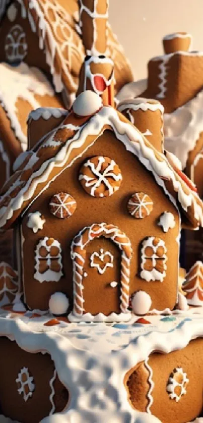 Cozy gingerbread house wallpaper with intricate icing details, perfect for holidays.