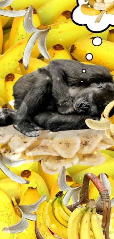 Sleeping gorilla with bananas and vibrant yellow background.